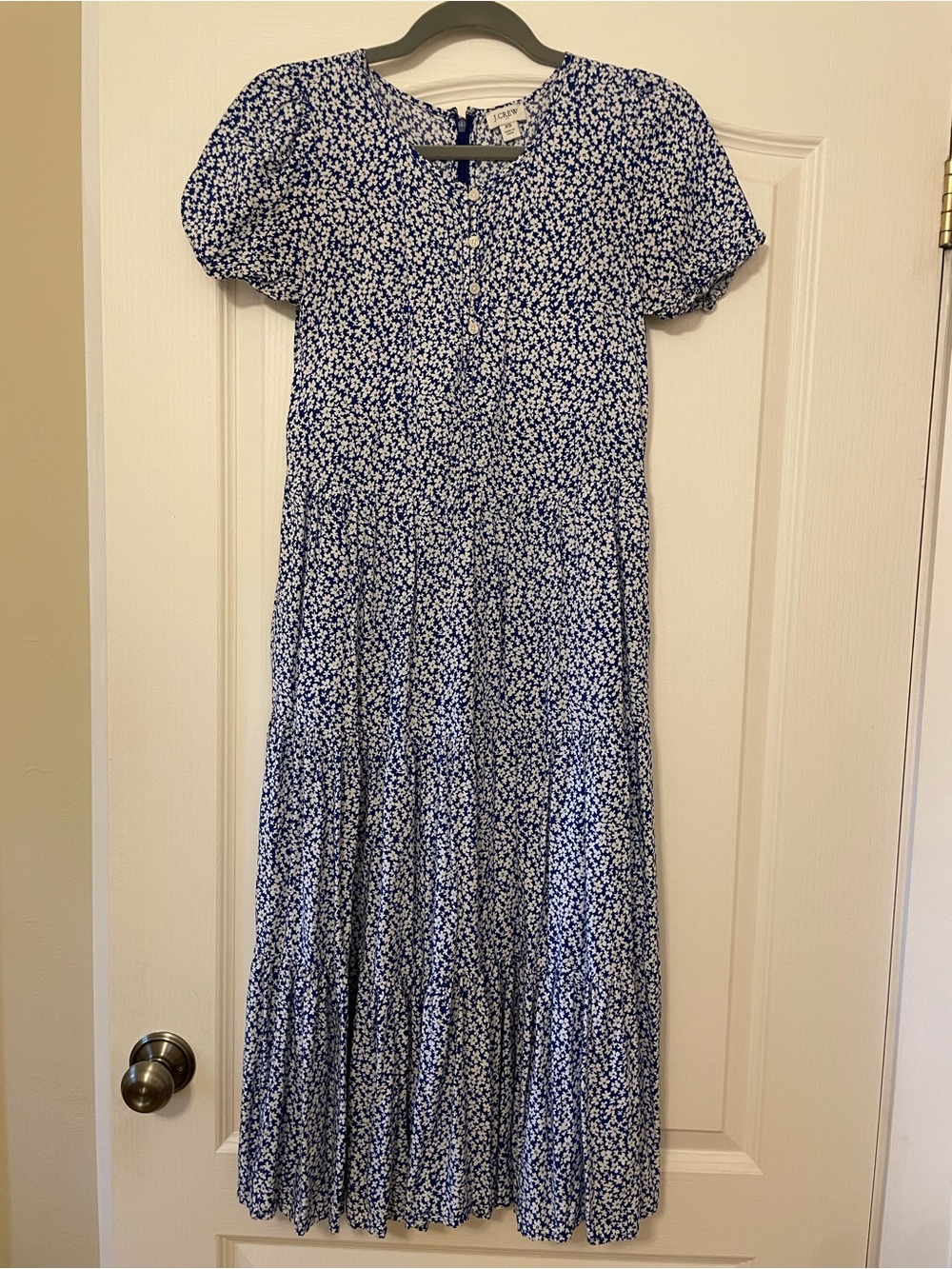 J. Crew Floral Blue Short-Sleeve Midi Dress with Tiered Skirt